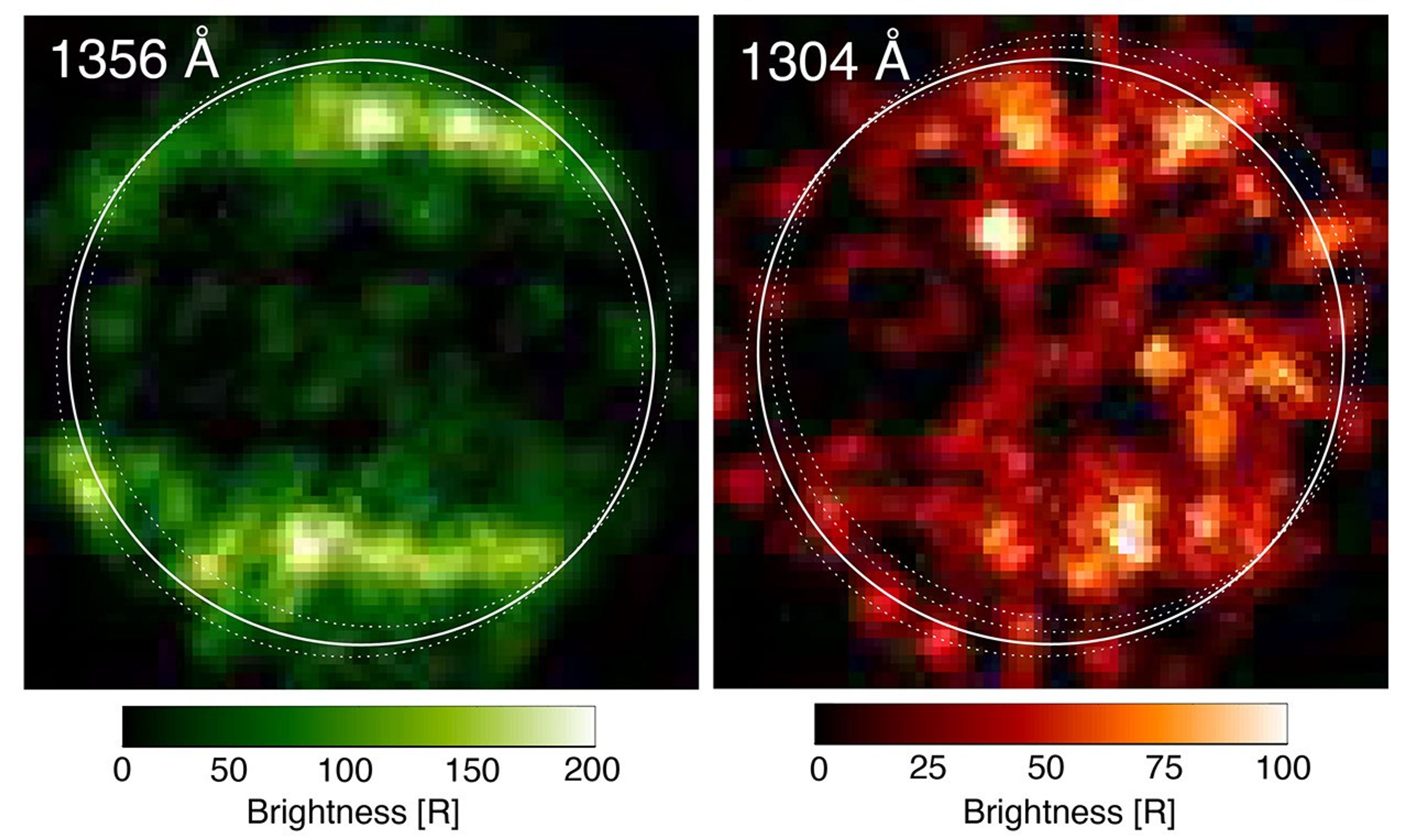 Two panel image comparing Ganymede in ultraviolet wavelengths