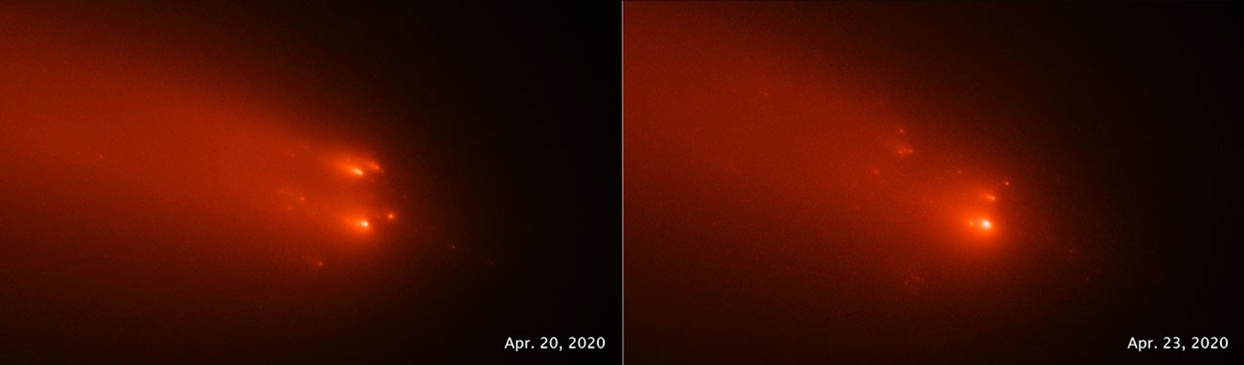 bright comet fragments followed by tail in red