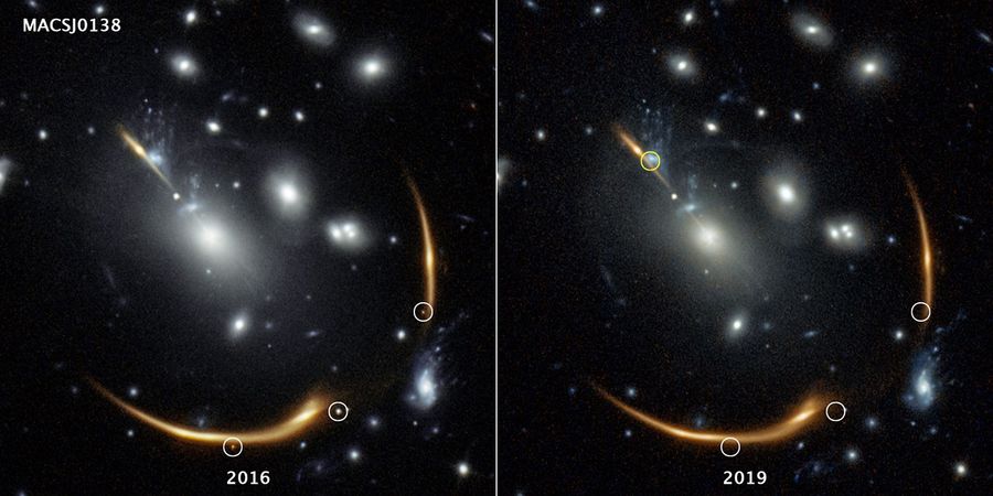 Left frame shows three images of a supernova in cluster MACS J0138. The multiply imaged supernova disappears in right frame.