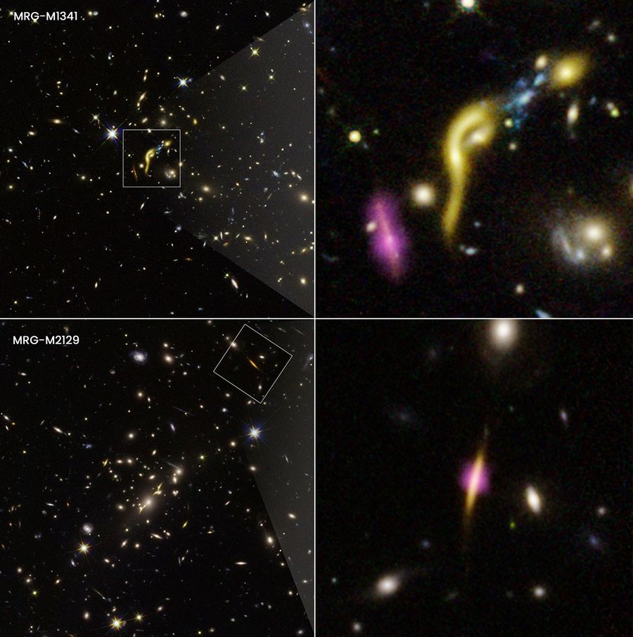 Four-panel image of gravitationally lensed REQUIEM survey galaxies in lensing galaxy clusters MACS J1341 and MACS J2129