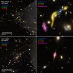 Four-panel compass image of gravitationally lensed galaxies in lensing galaxy clusters MACS J1341 and MACS J2129.