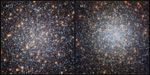 Side by side of two clusters with densely packed blue, red and white stars.