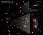 Three magnified images of a distant galaxy are seen embedded in a cluster of galaxies.