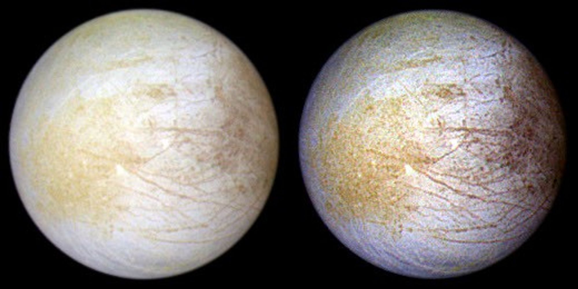 Two color-composite views of Jupiter's moon Europa taken by NASA's Galileo spacecraft in June 1997.