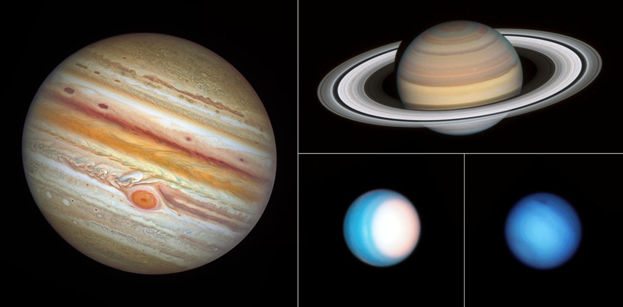 A colorful Hubble view of Jupiter (left), Saturn (top right), Uranus (bottom middle), and Neptune (bottom right).