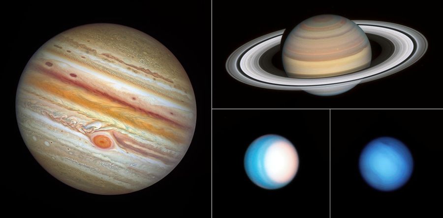 A colorful Hubble view of Jupiter (left), Saturn (top right), Uranus (bottom middle), and Neptune (bottom right).