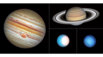 Four gas giant planets - Jupiter (left), Saturn (top right), Uranus (bottom middle), and Neptune (bottom right).