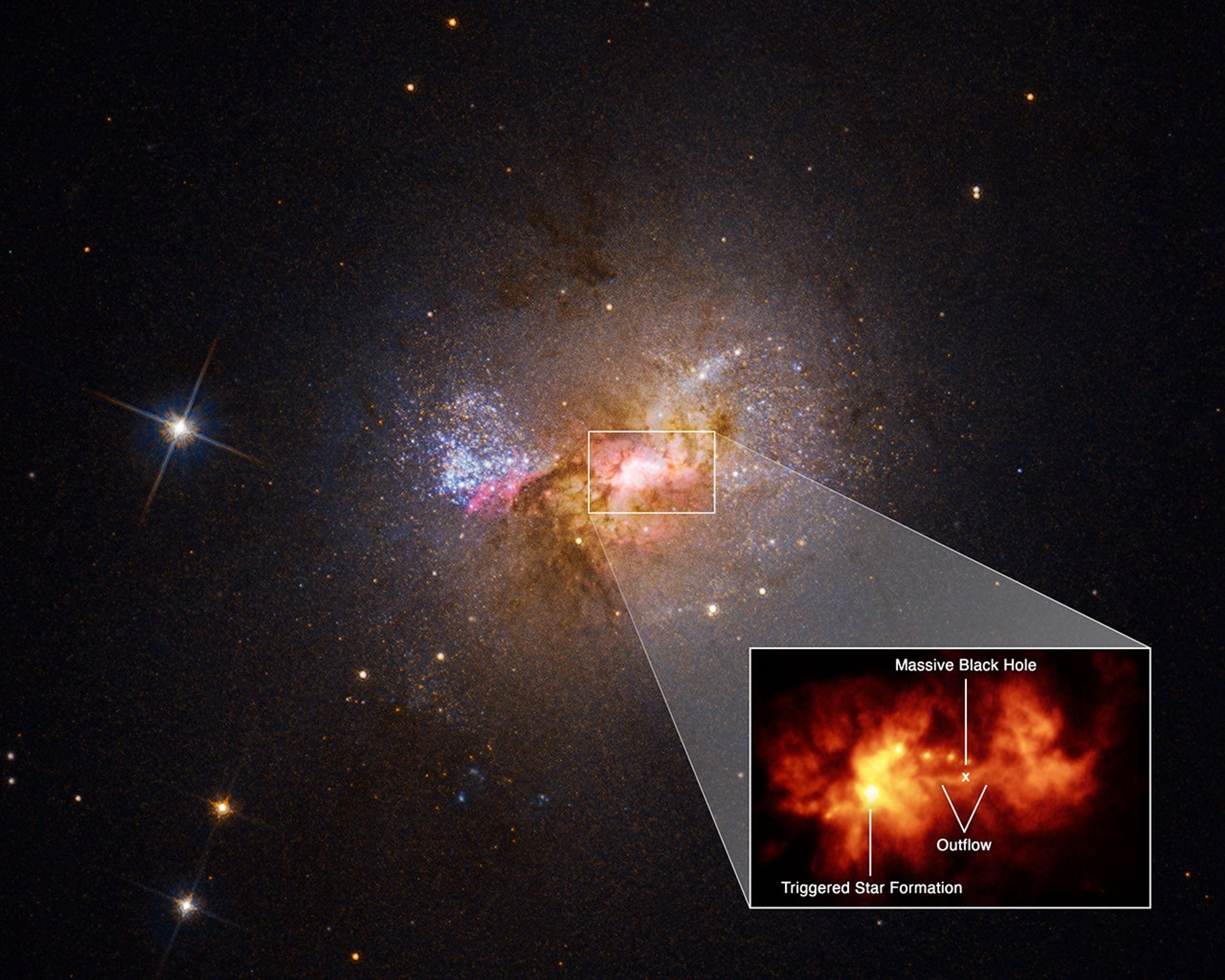 Small, bright, galaxy with star-forming regions illuminated in magenta and inset of galaxy core.