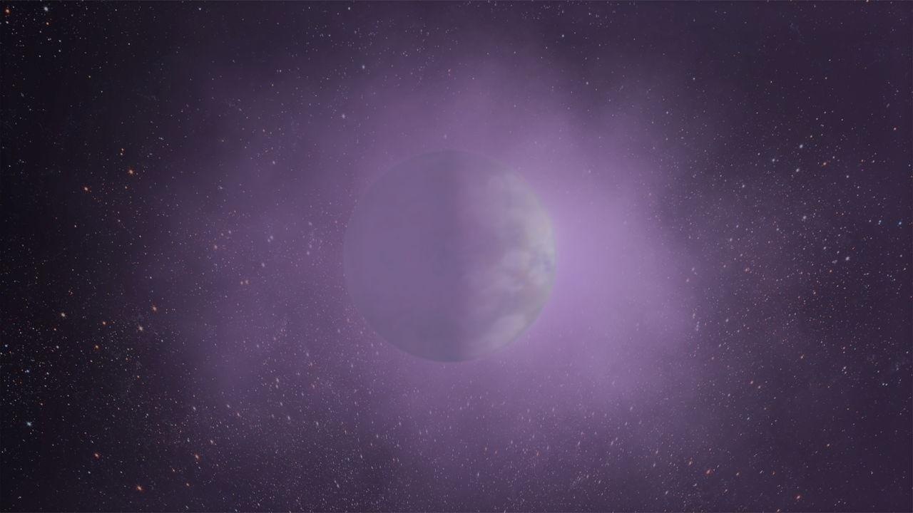 Rocky planet surrounded by purple haze