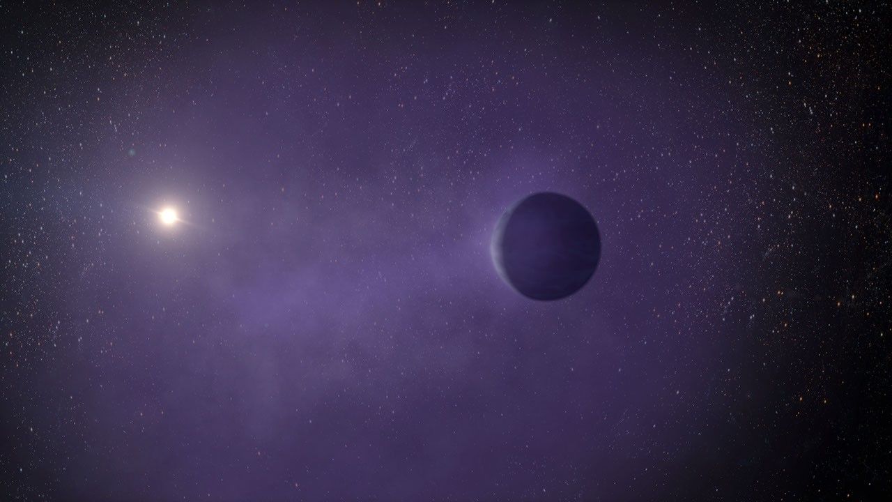 Rocky planet surrounded by purple haze