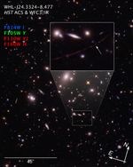 Field of stars and galaxies with inset of lensed star along arc with compass information