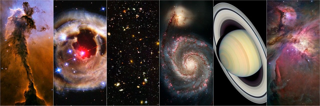 Collage of nebulae, stars, galaxy field, and a gaseous planet