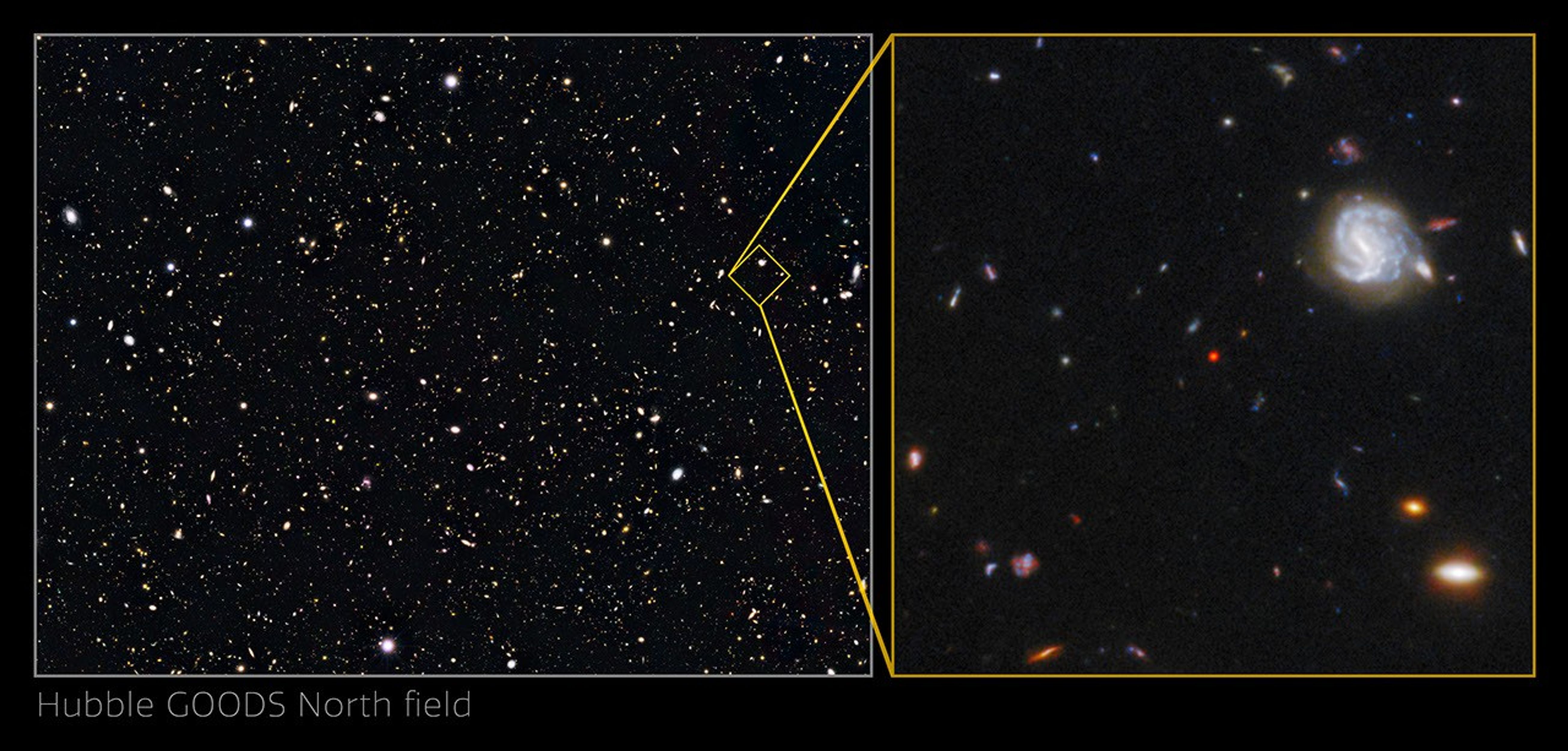 Deep field with a myriad of colorful galaxies and a close-up of a spiral galaxy.