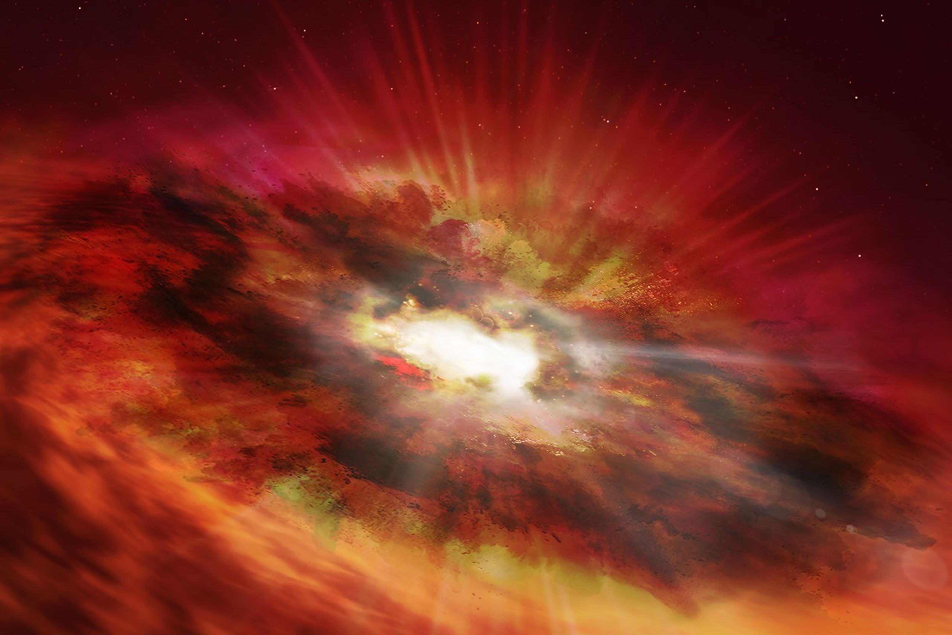 Illustration of center of dusty, red spiral galaxy with a bright nucleus.