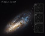 Image of a spiral galaxy with a pullout showing a fading supernova in three panels.