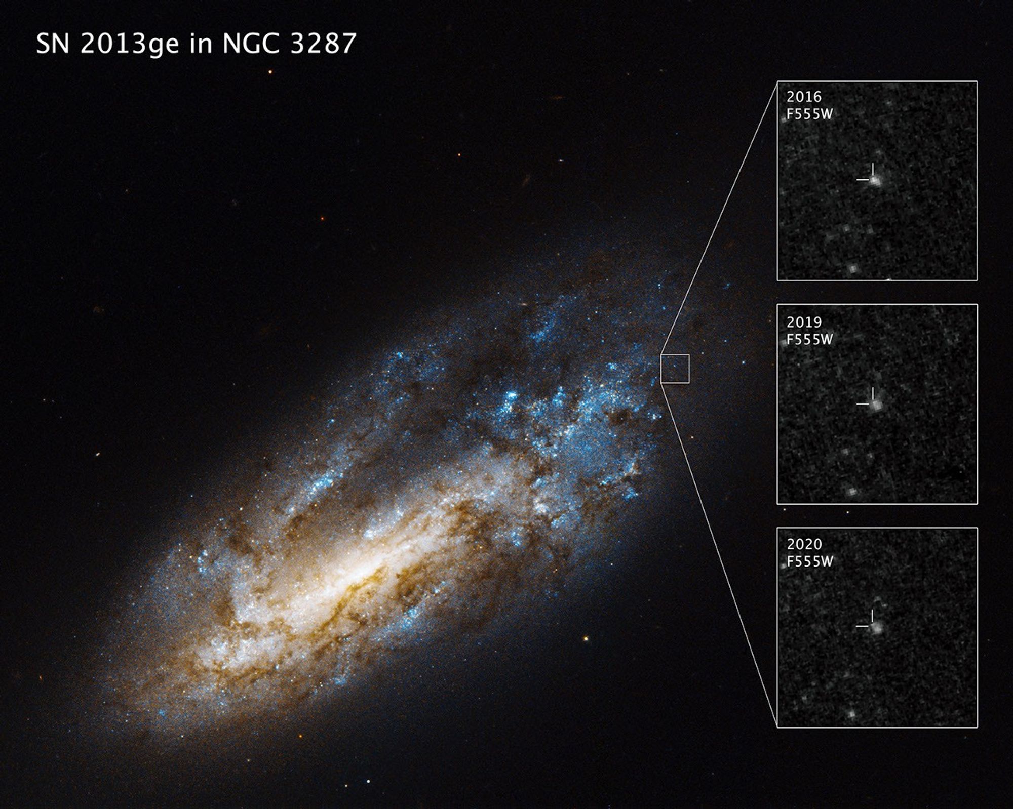 Image of a spiral galaxy with a pullout showing a fading supernova in three panels.