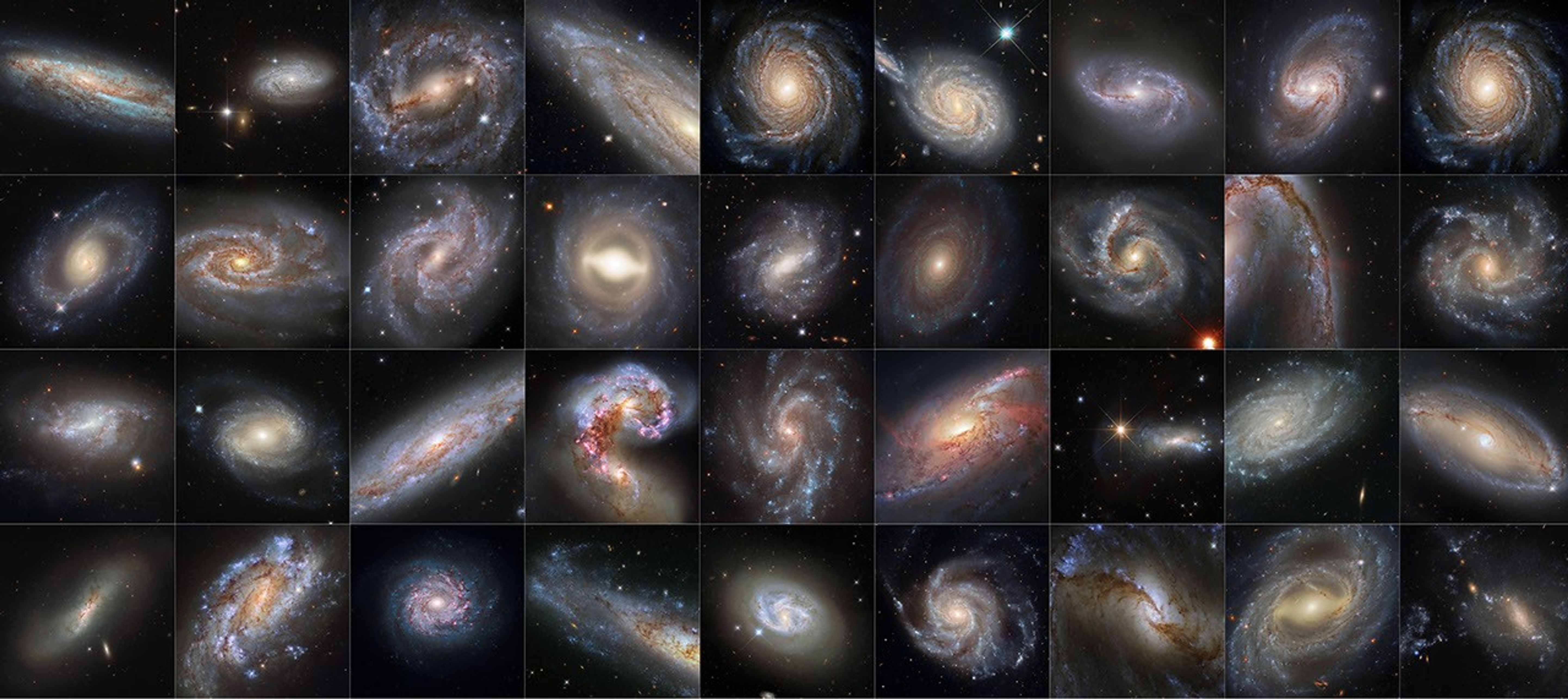 Collage of 36 colorful spiral and interacting galaxies