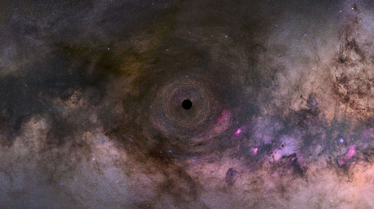 Illustration of a black hole warping star-forming regions and dust arms of Milky Way galaxy