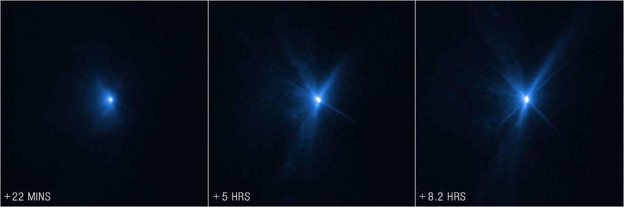 Image is three columns, each column is a photo with a black background, a bright blue spot is at center. In the panel column all the way to the left, noted as 22 minutes after impact, the center bright spot only has a small amount of dusty haze and only a few spikes closely surrounding it.In the middle column, noted as 5 hours after impact, the haze around the blue dot has expanded wider out with additional spikes and haze.In the column to the left, noted as 8.2 hours after impact, the haze around the blue dot spreads even further, with wisps expanding to the bottom left of the image.