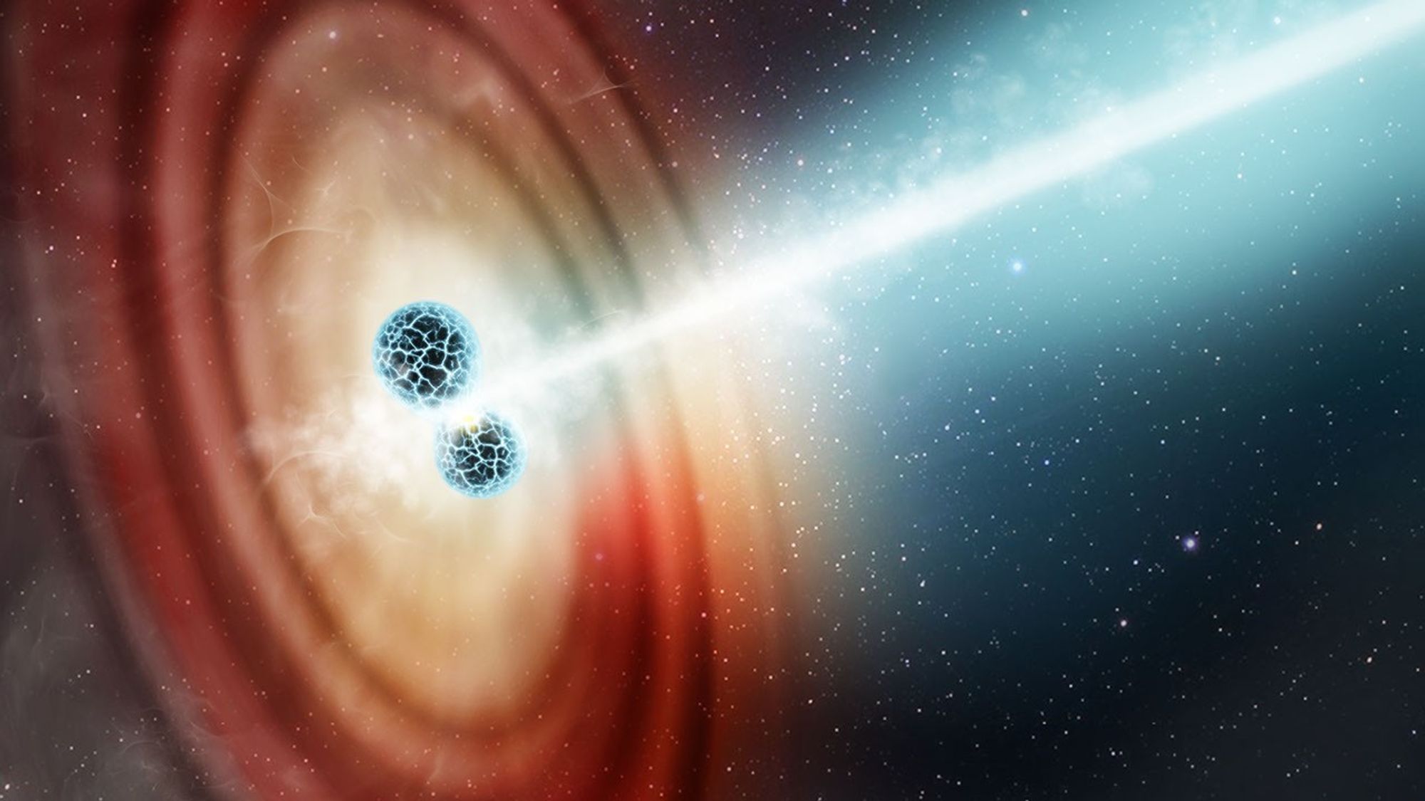 Illustration showing two neutron stars colliding with each other, producing a bright jet and gravitational waves.