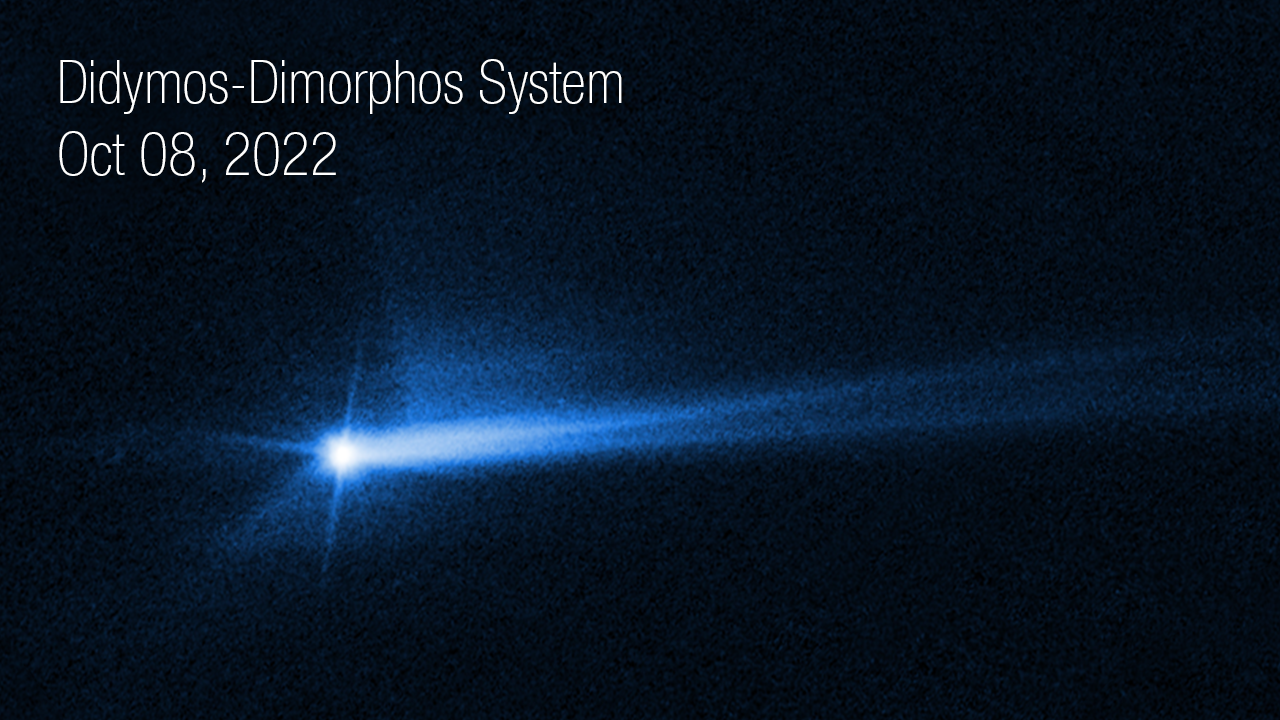Two images blink back and forth between one another on a black background. On both, a bright blue spot appears at the center of the image. The spot is the Didymos-Dimorphos system after impact from the DART spacecraft. In the first frame, captured on October 8, the center bright spot has 3 diffraction spikes extending from its core at the 1 o’clock, 7 o’clock, and 10 o’clock positions. There is a small amount of dusty haze in the region surrounding the lower left of the core. Two tails of ejecta that appear as white streams of material extend out from the center at the 2 o’clock and 3 o’clock positions. There is a clump of dusty haze visible above the northern tail. In the second frame, captured on October 11, there are some small differences visible in the system. The dusty haze in the lower left below the core has shifted closer to true south. The haze above the northern tail has spread out.