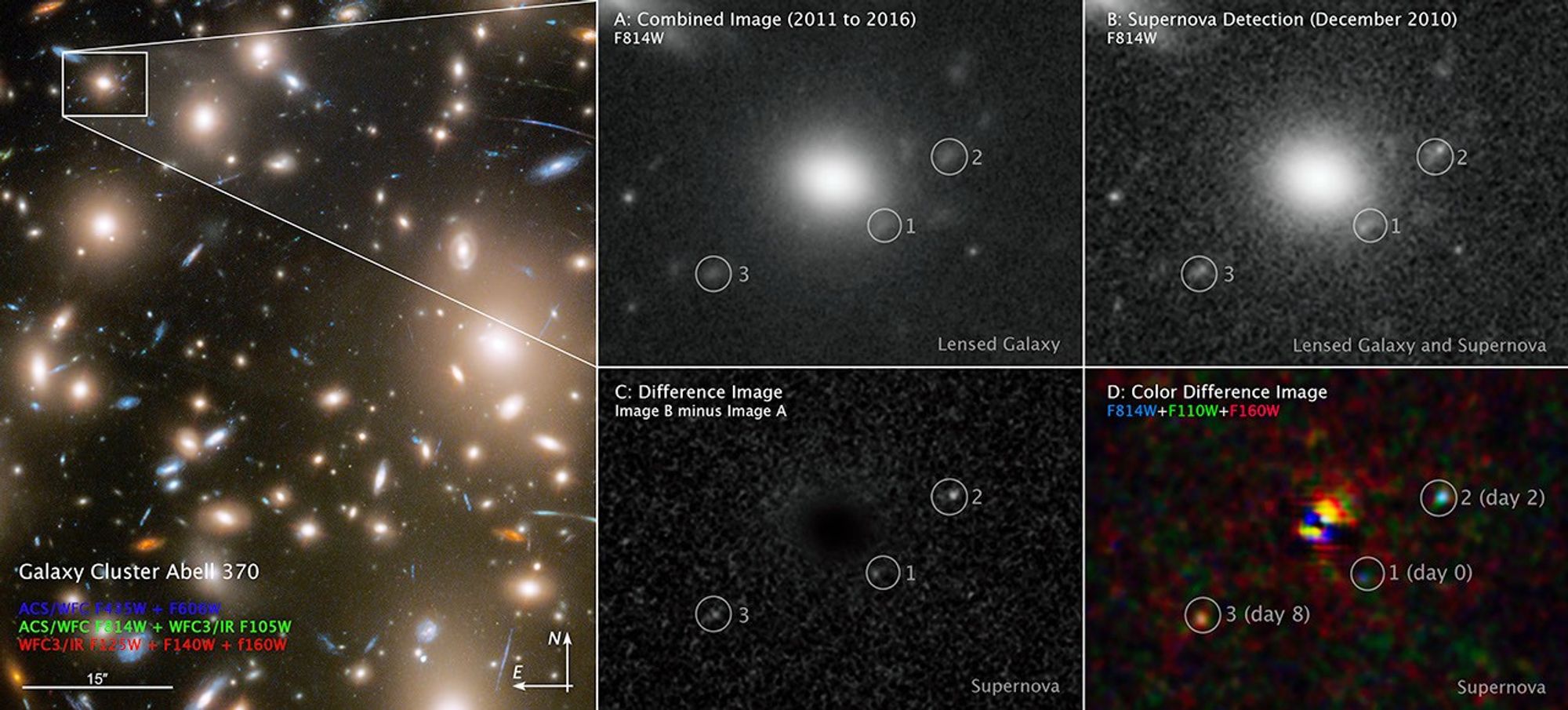 The left panel shows the portion of Abell 370 where the multiple images of the supernova appeared. Panel A, a composite of Hubble observations from 2011 to 2016, shows the locations of the multiply imaged host galaxy after the supernova faded. Panel B, a Hubble picture from December 2010, shows the three images of the host galaxy and the supernova at different phases in its evolution. Panel C, which subtracts the image in Panel B from that in Panel A, shows three different faces of the evolving supernova. Using a similar image subtraction process for multiple filters of data, Panel D shows the different colors of the cooling supernova at three different stages in its evolution.