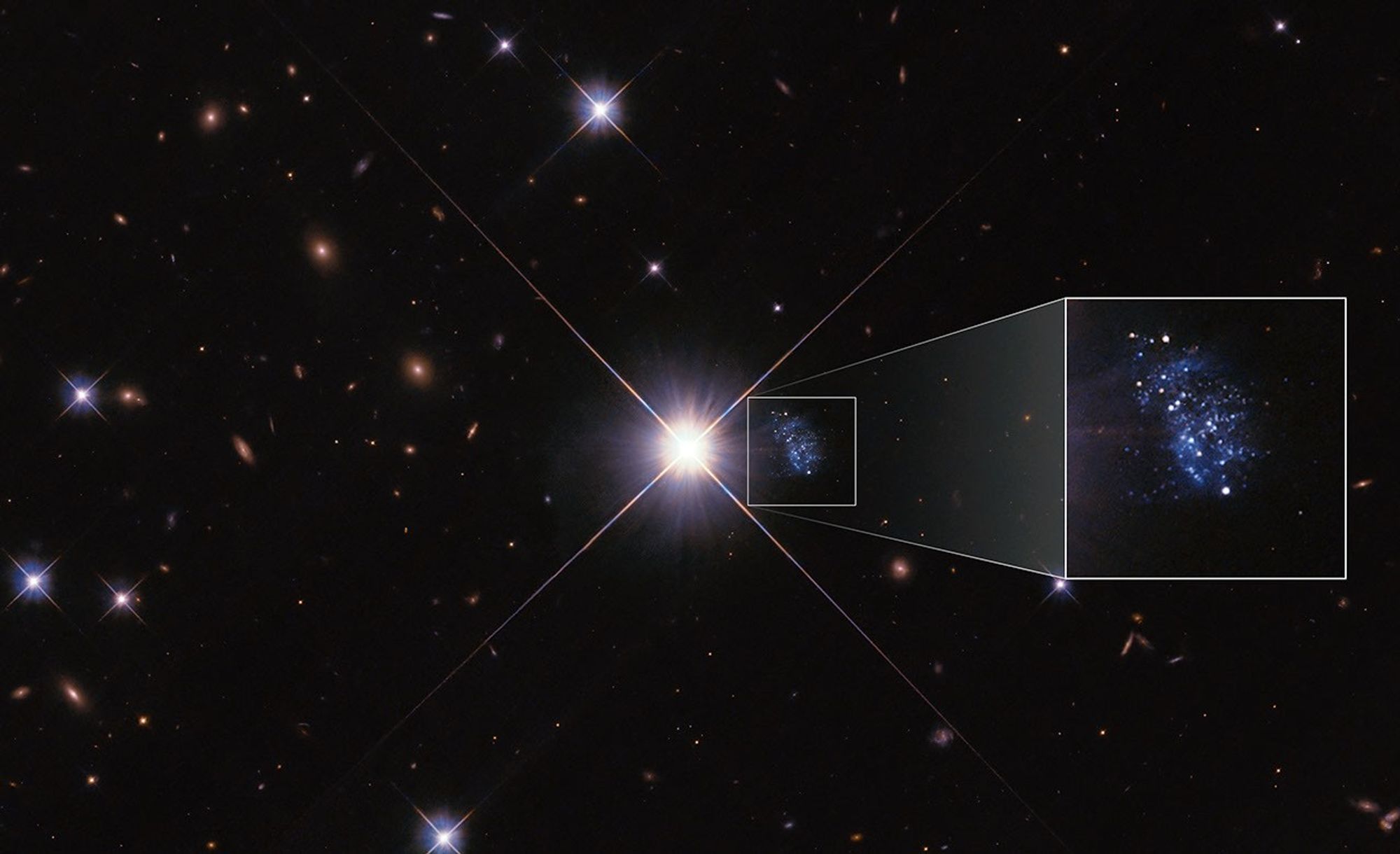 A large bright star is centered, with four long rays extending in an X shape. Close on the star's right is a small blue peanut-shaped galaxy surrounded by a white square graphic, which leads right to a larger square showing a zoomed-in view of the galaxy.
