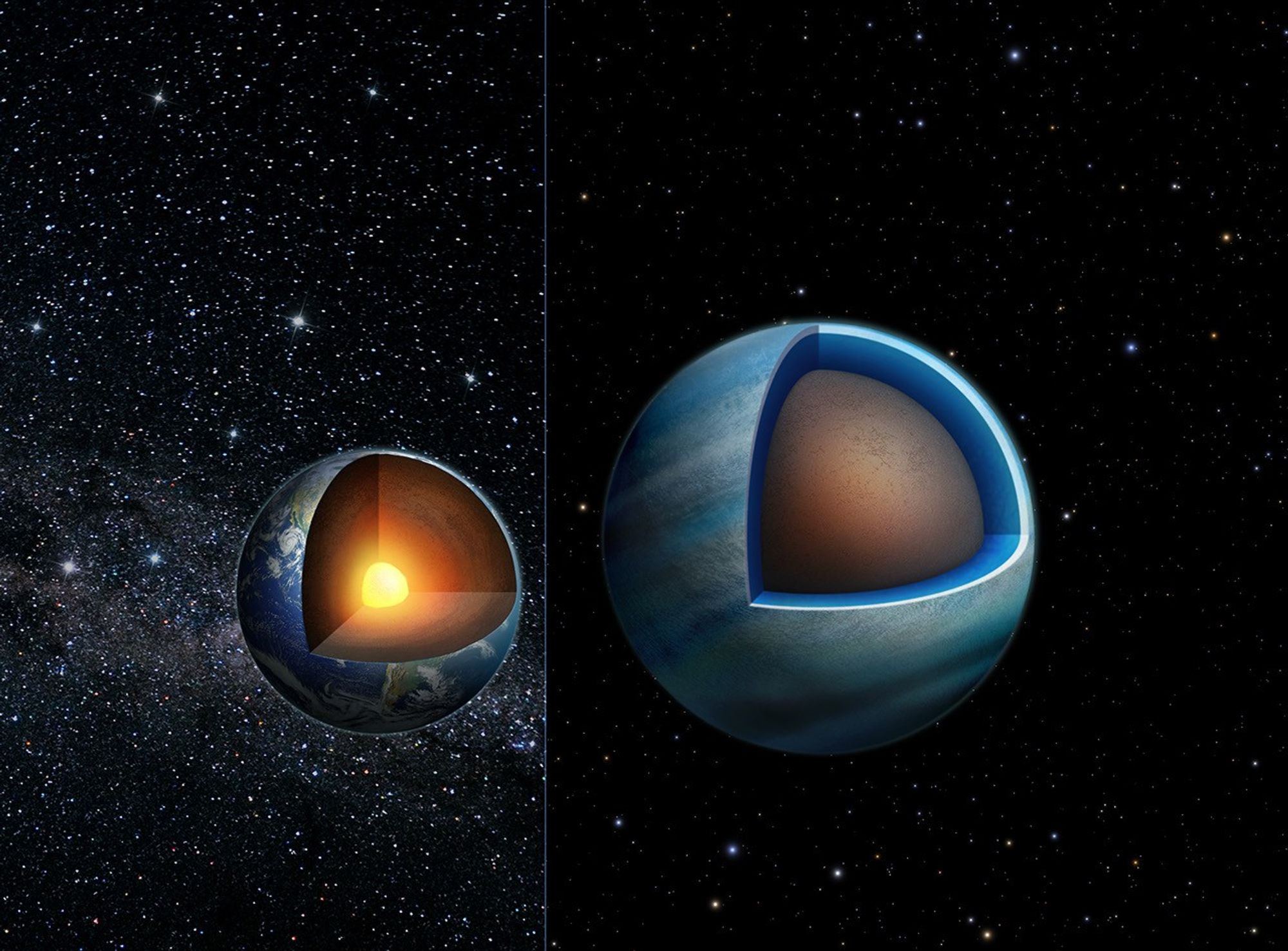 Illustration comparing the interior structure of Earth and that of the exoplanet Kepler-138 d.