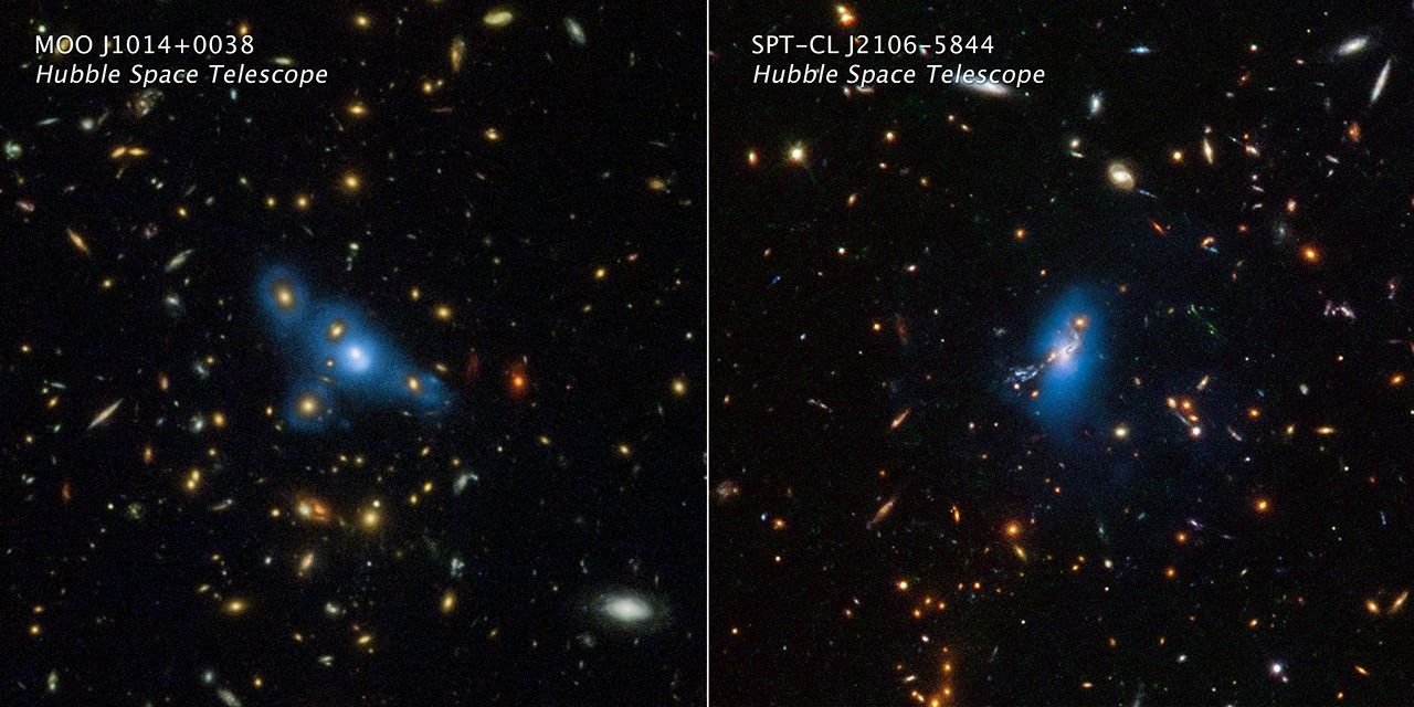 Two side-by-side images showing dozens of galaxies of different colors, shapes, and sizes. At the center of each image is a cluster of galaxies within a ghostly blue light.