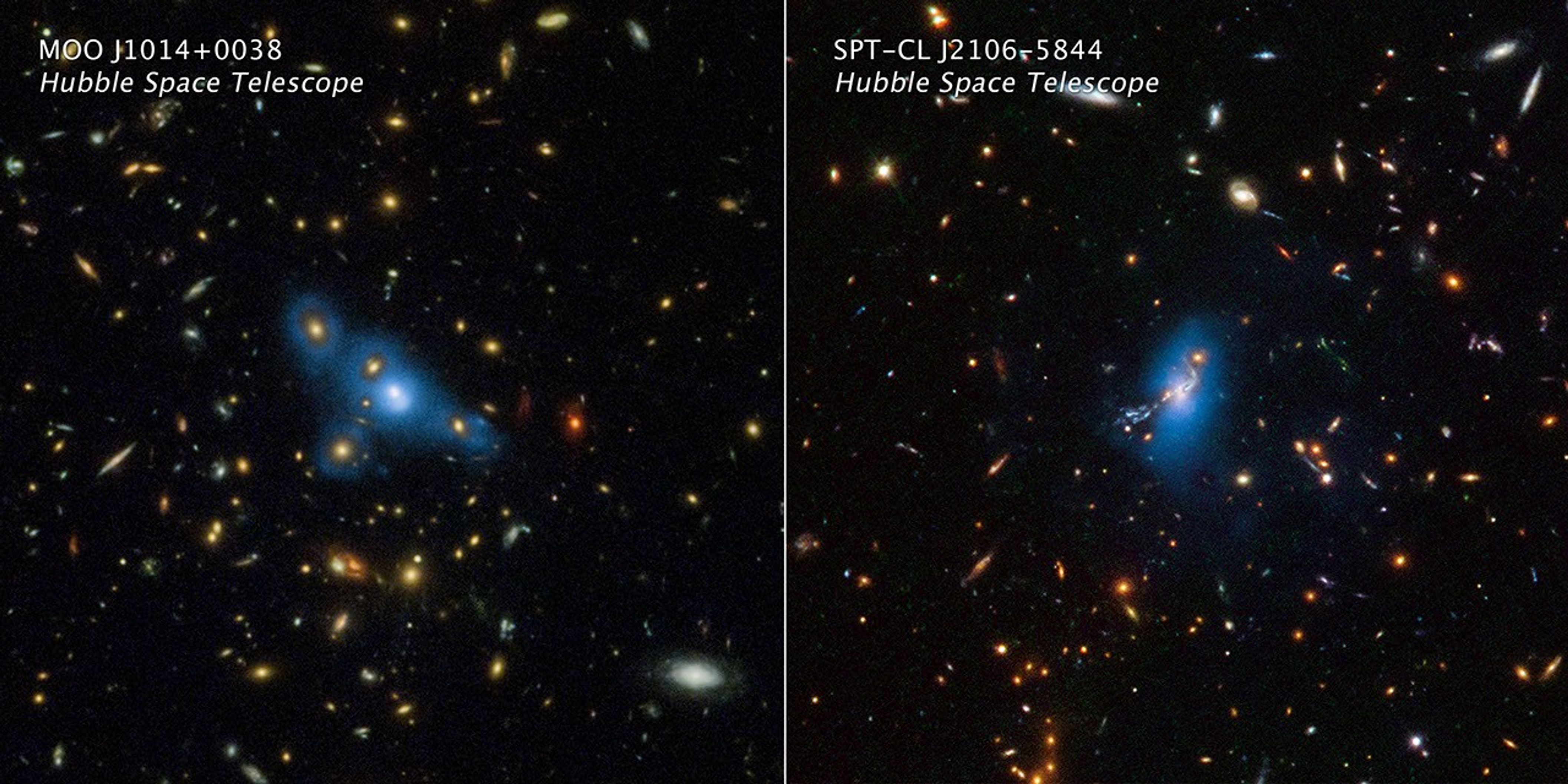 Two side-by-side images showing dozens of galaxies of different colors, shapes, and sizes. At the center of each image is a cluster of galaxies within a ghostly blue light.