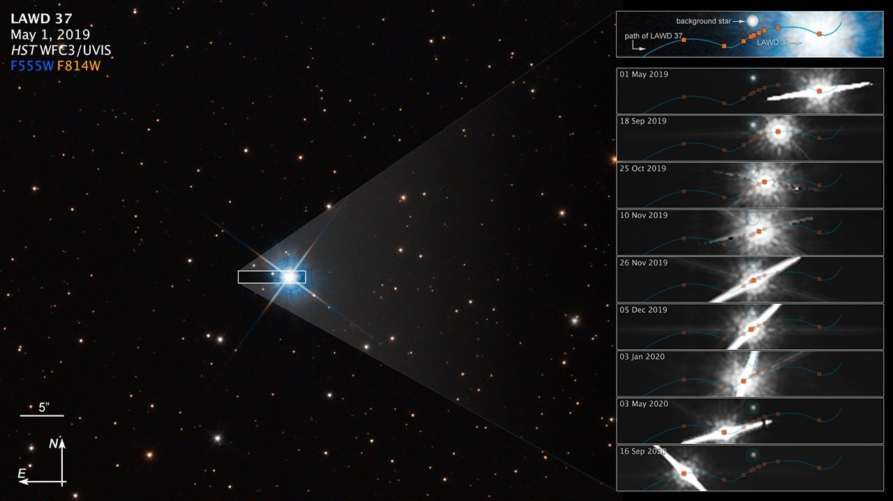 Image titled “LAWD 37; May 1, 2019; HST WFC3/UVIS” with a color key, a scale bar, and compass arrows. The image shows a bright blue-white star with nine zoom-ins showing observations of the star on nine different days, and one summary zoom-in showing the path of the star relative to a background star over that span of time. The zoom-ins show the position and light pattern of the star LAWD 37 changing over time. The color key shows which Hubble WFC3 filters were used to create the image and which color is assigned to each filter. Filter F555W is in blue and F814W is in orange. The scale bar is labeled 5 arcseconds, and is about the same as the diameter of the glow surrounding the bright star. The zoom-in boxes span about 1.5 times the length of the scale bar, or about 7.5 arcseconds. The compass arrows indicate the orientation of the image on the sky. The north arrow points straight up. The east arrow points straight left.