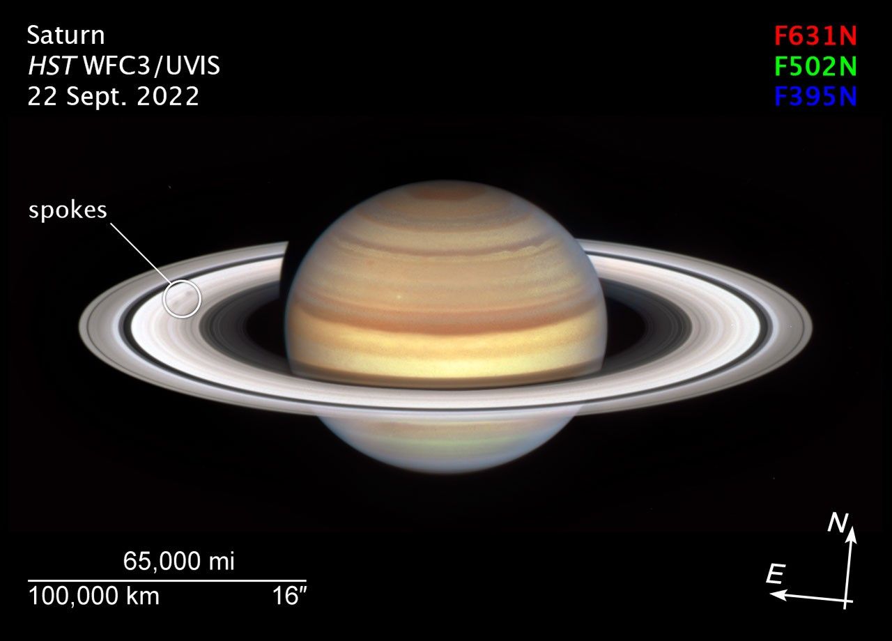 Compass image titled “Saturn: HST WFC3/UVIS—22 Sept. 2022” shows the planet Saturn with bright white rings and multi-colored main sphere. Spoke features (labeled “spokes” indicated in the white circle) appear like faint gray smudges against the ring’s bright backdrop, about midway from the planet to the rings’ outer edge. Above the rings plane, the planet’s bands are shades of red and orange, with brighter yellow nearer the equator. This image is a composite of separate exposures acquired by the Hubble Space Telescope using the WFC3/UVIS instrument. Several filters were used to sample specific wavelength ranges. The color results from assigning different colors to each monochromatic (grayscale) image associated with an individual filter. The assigned colors listed in the upper right corner of the image are: red: F631N; green: F502N; blue: F395N. The compass graphic points to the object’s orientation on the celestial sphere.