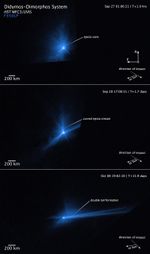 Graphic titled “Didymos-Dimorphos System HST WFC3/UVIS” shows three images stacked vertically, along with compass arrows, scale bar, and color key. All three images show a bright white spot in the center surrounded by an irregular cloud of blue that decreases in brightness with distance from the bright spot. The size and shape of the blue cloud are different in each image, as are the labels. At the top left is a color key indicating that light from the F350 LP filter is shown in blue. At the lower left of each image is a scale bar labeled 200 kilometers, which is about 1/20th the width of the image. On the right side of the top image is a north arrow pointing upward and an east arrow pointing to the left. At the lower right in each image is a set of arrows: An arrow labeled “direction of impact” points from upper left to lower right. An arrow labeled “to Sun” points toward the left, and slight down. The two arrows are oriented such that they suggest an oblique perspective.