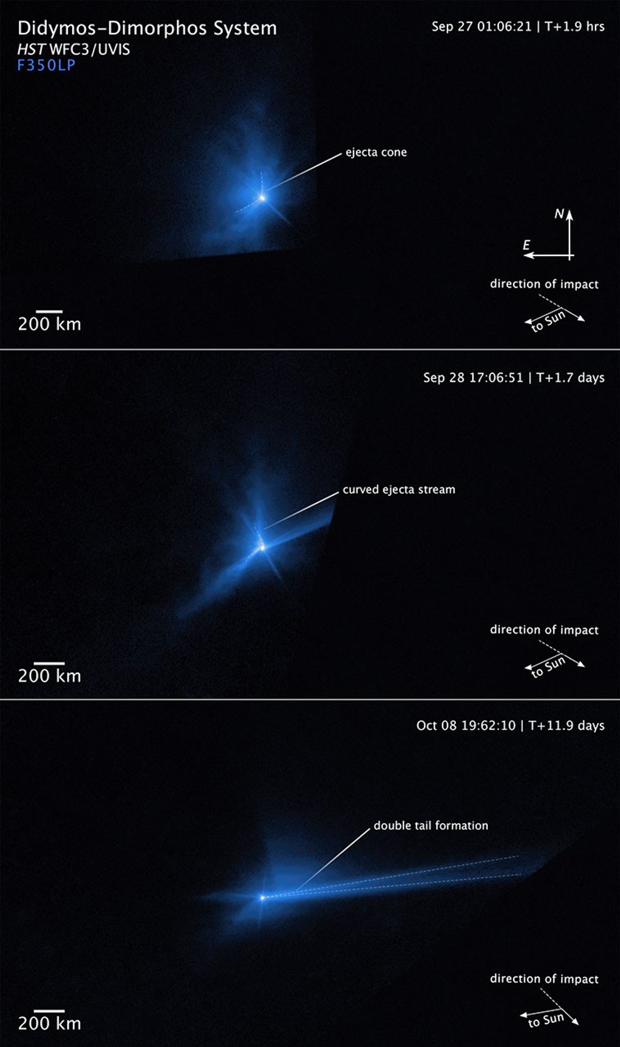 Graphic titled “Didymos-Dimorphos System HST WFC3/UVIS” shows three images stacked vertically, along with compass arrows, scale bar, and color key. All three images show a bright white spot in the center surrounded by an irregular cloud of blue that decreases in brightness with distance from the bright spot. The size and shape of the blue cloud are different in each image, as are the labels. At the top left is a color key indicating that light from the F350 LP filter is shown in blue. At the lower left of each image is a scale bar labeled 200 kilometers, which is about 1/20th the width of the image. On the right side of the top image is a north arrow pointing upward and an east arrow pointing to the left. At the lower right in each image is a set of arrows: An arrow labeled “direction of impact” points from upper left to lower right. An arrow labeled “to Sun” points toward the left, and slight down. The two arrows are oriented such that they suggest an oblique perspective.