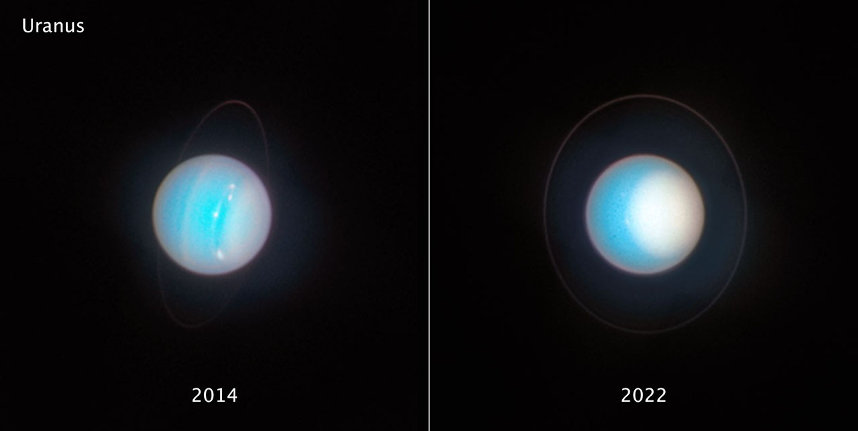 Two views of the tipped planet Uranus appear side-by-side for comparison.