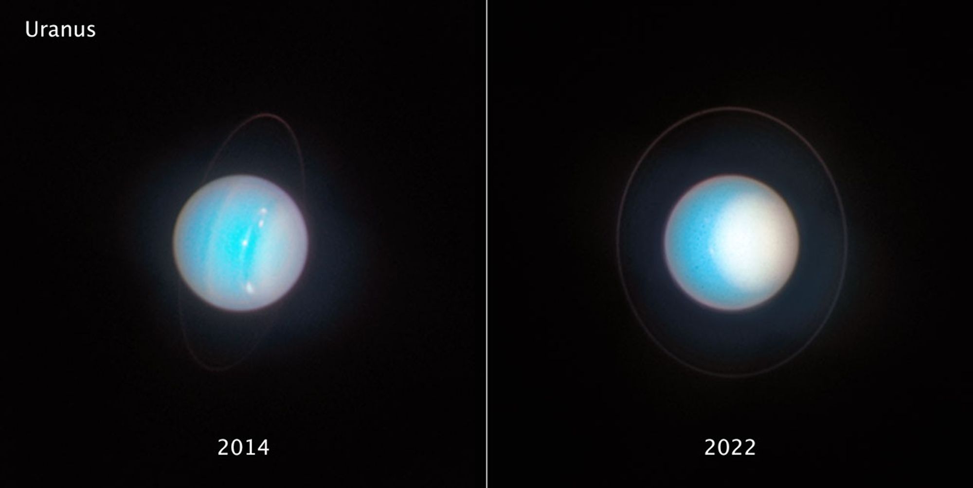 Two views of the tipped planet Uranus appear side-by-side for comparison.