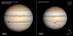 Two views of the giant gas planet Jupiter appear side-by-side for comparison. At the top, left corner of the left image is the label Jupiter, November 12, 2022, H S T W F C 3/U VIS.  At the left, bottom corner of the left image is a small, horizontal, white line. Over this line is the value 34,000 miles. Below the line is the value 55,000 kilometers. At the top, left corner of the right image is the label January 6, 2023. At the top, right corner of the right image are three, colored labels representing the color filters used to make these pictures. Located on three separate lines, these are F395N in blue, F503N in green, and FG31N in red. At the left, bottom corner is a small, horizontal, white line, which is slightly smaller than its counterpart on the left. On the top of the line is the value 34,000 miles, and below the line is the value 55,000 kilometers. On the bottom, right corner of the right image are compass arrows showing north toward the top, left corner and east toward the bottom, left corner.