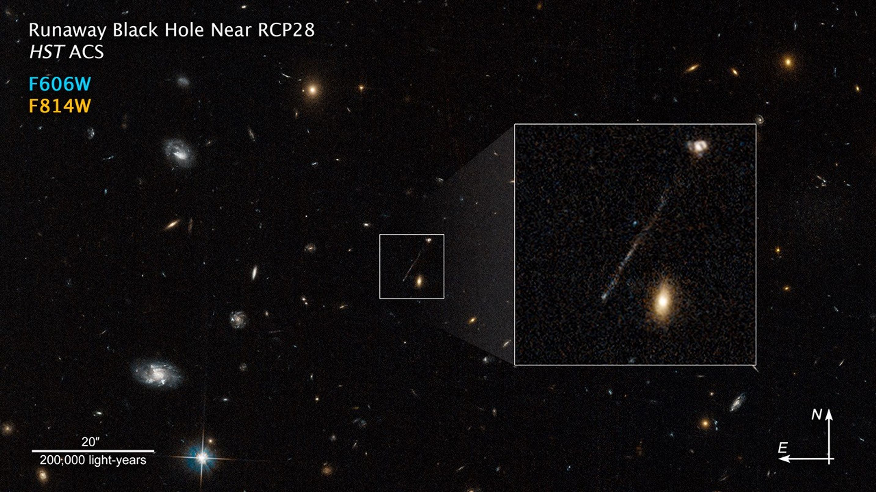 A Hubble photograph of a curious linear feature on a deep-space field. The photograph is overlaid with a color key, scale bar, compass arrows, and two, white-bordered boxes showcasing the feature.