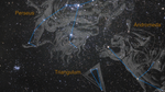 This 32-second video begins with a star field. Constellation lines, illustrations, and labels appear for Perseus at upper left, Triangulum at bottom center, and Andromeda at right. The overlays disappear and the view zooms into the lower left. At about 14 seconds, a nebula appears and grows closer while the field of view rotates gradually counterclockwise. The zoom and rotation continues until the Hubble image fills the frame.