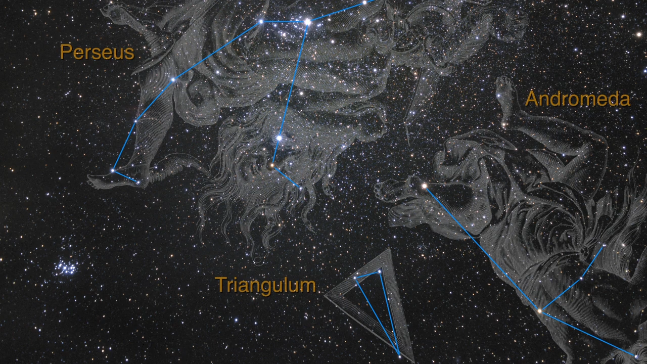 This 32-second video begins with a star field. Constellation lines, illustrations, and labels appear for Perseus at upper left, Triangulum at bottom center, and Andromeda at right. The overlays disappear and the view zooms into the lower left. At about 14 seconds, a nebula appears and grows closer while the field of view rotates gradually counterclockwise. The zoom and rotation continues until the Hubble image fills the frame.