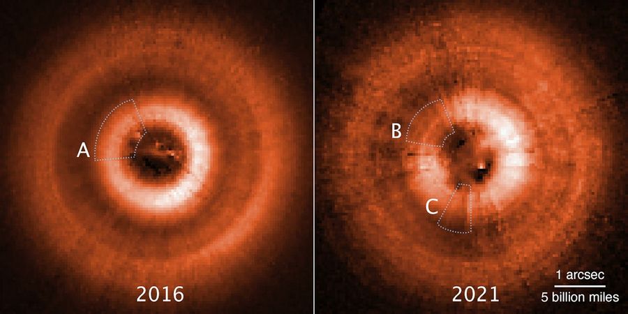 Two side-by-side frames labeled 2016 (left) and 2021 (right). Both feature a reddish-white inner ring with a dark center and a broader, fuzzier, and fainter reddish outer ring. In the left image a shadow can be seen at the 11:00 o'clock position and is marked with a wedge-shaped dotted line labeled A. The image on the right shows two shadows at the 11:00 o'clock and 7:00 o'clock positions. They are also highlighted with wedge-shaped dotted lines labeled B and C, respectively. At lower right, a scale bar is labeled 1 arcsecond, 5 billion miles.