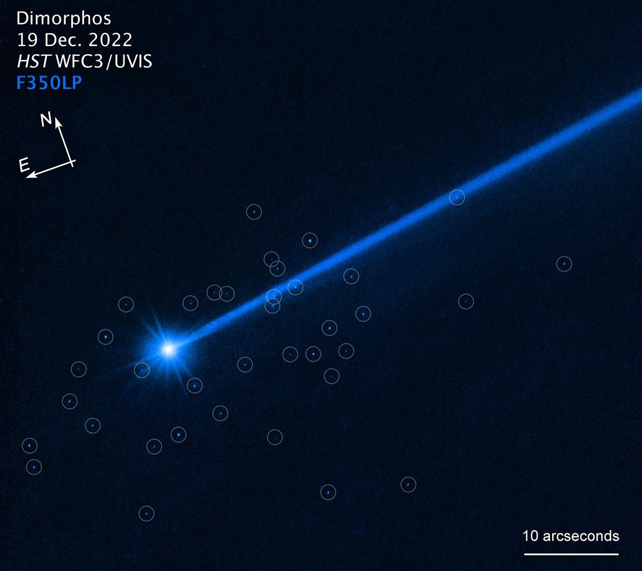 Against a black background, the image of the asteroid Dimorphos, with compass arrows, scale bar, and color key for reference. The bright white object at lower left is Dimorphos. It has a blue dust tail extending diagonally to the upper right. A cluster of blue dots (marked by white circles) surrounds the asteroid. These are boulders that were knocked off the asteroid when, on September 26, 2022, NASA deliberately slammed the half-ton DART impactor spacecraft into the asteroid as a test of what it would take to deflect some future asteroid from hitting Earth. Hubble photographed the slow-moving boulders with the Wide Field Camera 3 in December 2022. The color results from assigning a blue hue to the monochromatic (grayscale) image.