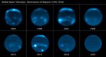 This sequence of Hubble Space Telescope images chronicles the waxing and waning of the amount of cloud cover on Neptune. This display shows Hubble snapshots of the planet taken in the years 1994, 1998, 2000, 2002 (top row, from left to right) and 2006, 2010, 2015, 2020 (bottom row, from left to right). The planet is blue (due to methane absorption of red light in its atmosphere) and the high-altitude, cirrus-like clouds are white. A comparison of Neptune's cloud cover corresponds to peaks in the 11-year-long repeating solar cycle where the Sun's level of activity rhythmically rises and falls. Apparently, an increase in solar ultraviolet radiation causes chemical changes that affect Neptune's amount of cloud cover.
