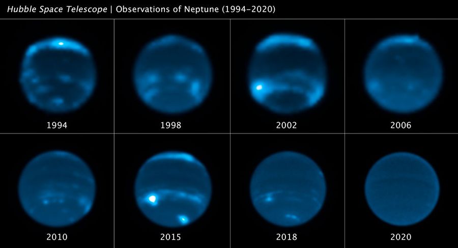 This sequence of Hubble Space Telescope images chronicles the waxing and waning of the amount of cloud cover on Neptune. This display shows Hubble snapshots of the planet taken in the years 1994, 1998, 2000, 2002 (top row, from left to right) and 2006, 2010, 2015, 2020 (bottom row, from left to right). The planet is blue (due to methane absorption of red light in its atmosphere) and the high-altitude, cirrus-like clouds are white. A comparison of Neptune's cloud cover corresponds to peaks in the 11-year-long repeating solar cycle where the Sun's level of activity rhythmically rises and falls. Apparently, an increase in solar ultraviolet radiation causes chemical changes that affect Neptune's amount of cloud cover.
