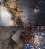 At the top of this mosaic image is a diagonal section of our Milky Way as seen in the direction of the constellation Sagittarius. Pitch-black filaments of interstellar dust are etched across a whitish background of myriad stars. A smaller portion of the Milky Way is at lower left. It is filled with stars and also a mottled pattern of black clouds of dust. The embedded globular star cluster Terzan 12 is in the middle of the box at image center. At image right is a Hubble Space Telescope photo of the dense star-filled globular cluster. Intervening dust scatters starlight to create multiple reddish hues. The brightest red stars in the photo are bloated, aging giants, many times larger than our Sun. They lie between Earth and the cluster. The very brightest hot, blue stars are also along the line of sight and not inside the cluster, which only contains aging stars. The cluster is about 15,000 light-years from Earth.