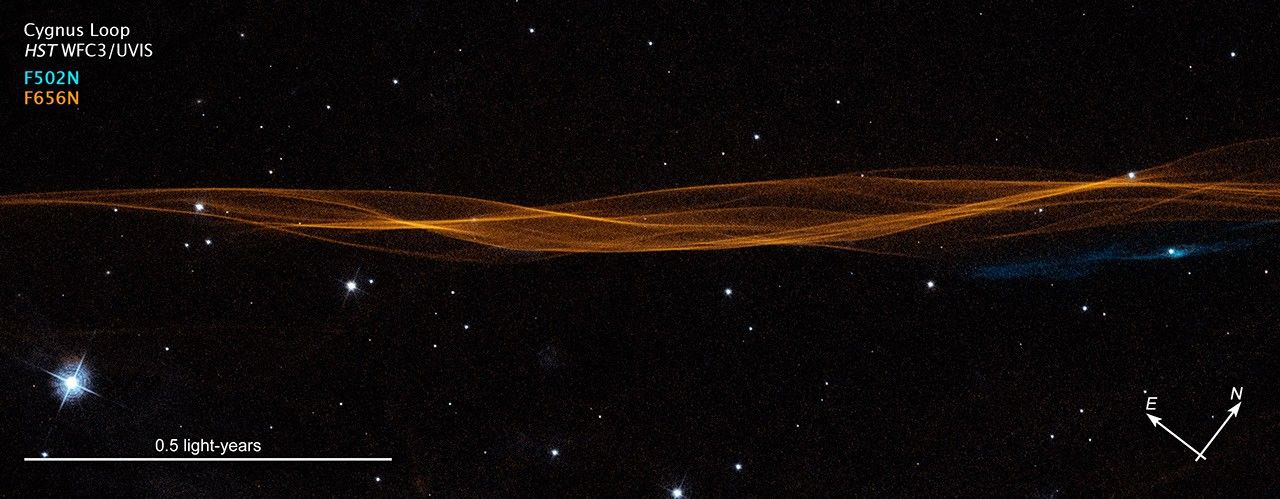 Image titled "Cygnus Loop HST WFC3/UVIS" with compass arrows, color key and scale bar. A horizontal, undulating linear structure resembling overlapping strings of yarn extends edge-to-edge across the frame, but takes up only a quarter of the width at its widest point. Mostly orange with some blue, these are filaments of glowing gasses, which resemble lines in a wrinkled bedsheet. At left, near the top of the image is a color key showing the Hubble instrument filters used to create the image. The assigned filter colors are blue: F502N and orange: F656N. At lower left is a scale bar labeled "0.5 light-years." At lower right are compass arrows indicating the orientation of the image on the sky. The east arrow points in the 10 o'clock direction. The north arrow points towards 2 o'clock.