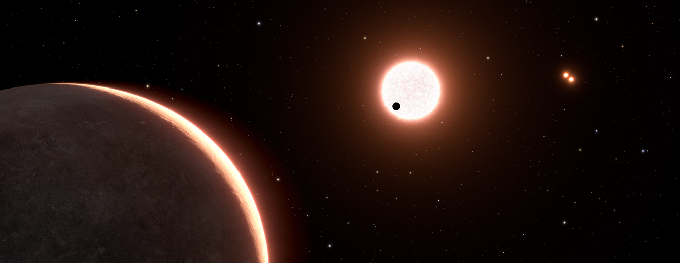 Artist's concept of nearby exoplanet LTT 1445Ac, which is the size of Earth. The rocky planet appears as a small black dot against a bright light-red sphere at image center. The star is in a triple system, with two closely orbiting red dwarfs — a pair of red dots — seen at upper right. Another exoplanet in the system, LTT 1445Ab is in the foreground at lower left.