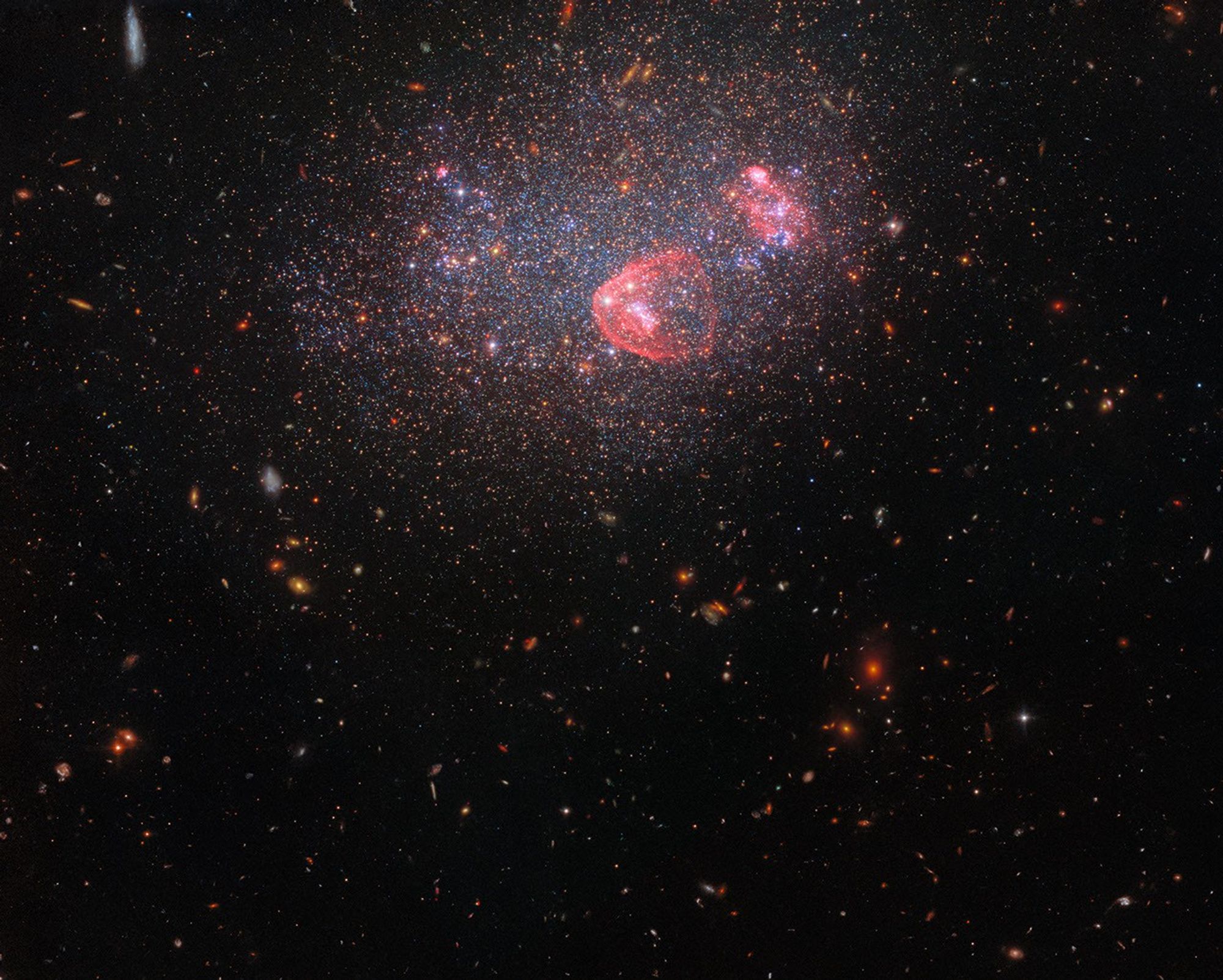A collection of stars and galaxies fill the scene against a dark background. The image is dominated by a dense collection of stars which make up the irregular galaxy UGC 8091. The stars span a variety of colors, including blue and orange, with patches of blue occupying the central part of the galaxy. There are also visible circular regions of red/pink gas within the galaxy.
