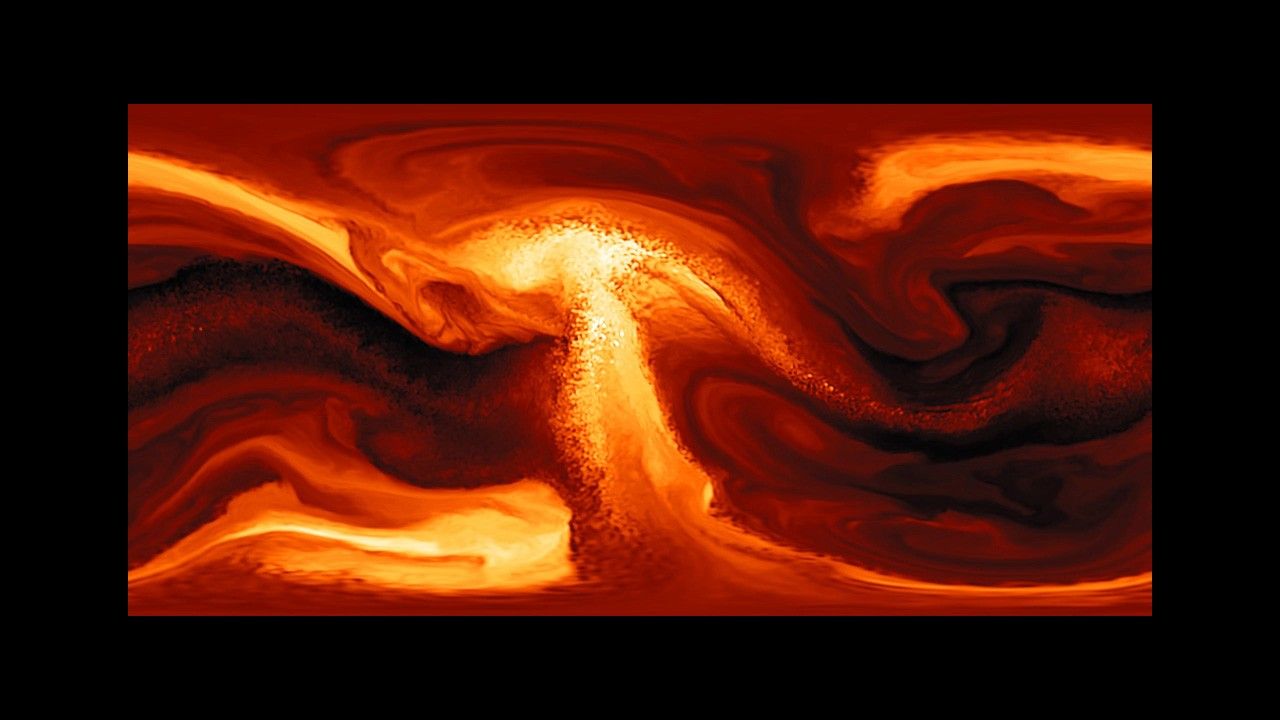 Shifting wave patterns that evolve through shades of red, orange, and yellow show changing weather patterns on the exoplanet WASP-121 b, also known as Tylos.
