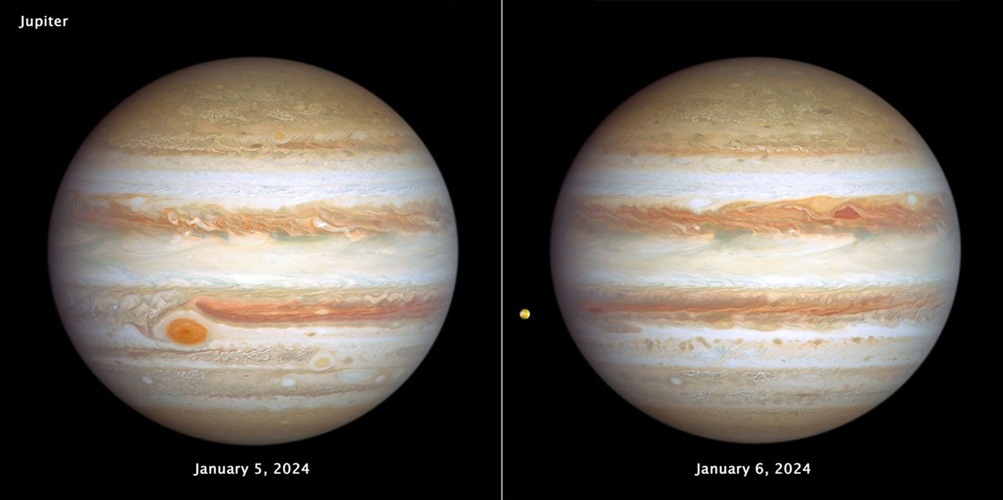 A side-by-side image showing both faces of Jupiter on the black background of space. At the top, left corner of the left-hand image is the label Jupiter. Centered at the bottom is the label "January 5, 2024." Jupiter is banded in stripes of brownish orange, light gray, soft yellow, and shades of cream, punctuated with many large storms and small white clouds. The largest storm, the Great Red Spot, is the most prominent feature in the left bottom third of this view. To its lower right is a smaller reddish anticyclone, Red Spot Jr. On the right-hand image, centered at the bottom is the label "January 6, 2024." This opposite side of Jupiter is also banded in stripes of brownish orange, light gray, soft yellow, and shades of cream, with many large storms and small white clouds punctuating the planet. At upper right of center, a pair of storms appear next to each other: a deep-red, triangle-shaped cyclone and a reddish anticyclone. Toward the far-left edge of this view is Jupiter's tiny orange-colored moon Io.